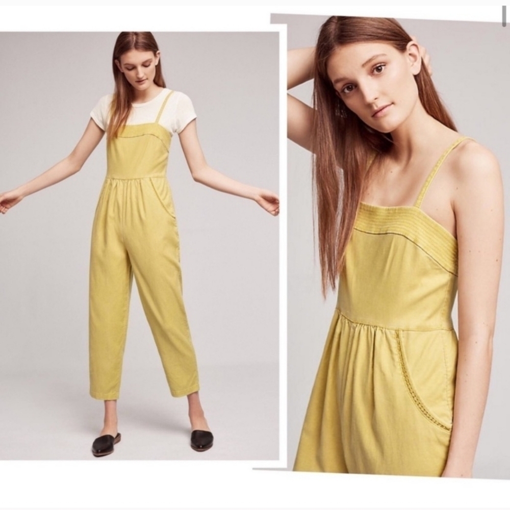 Anthropologie Postmark Linen Essential Jumpsuit size XL Gold Yellow/Green